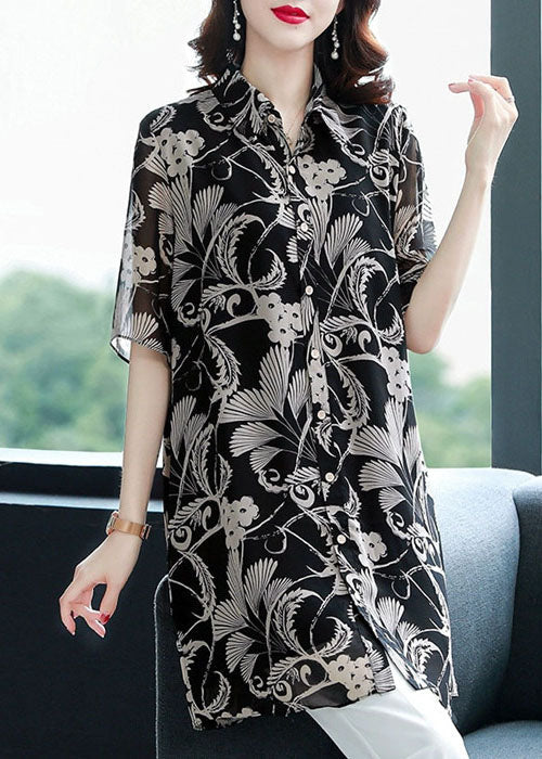 Black Turn-down Collar Print Draping Chiffon Long Shirt for Half Sleeve