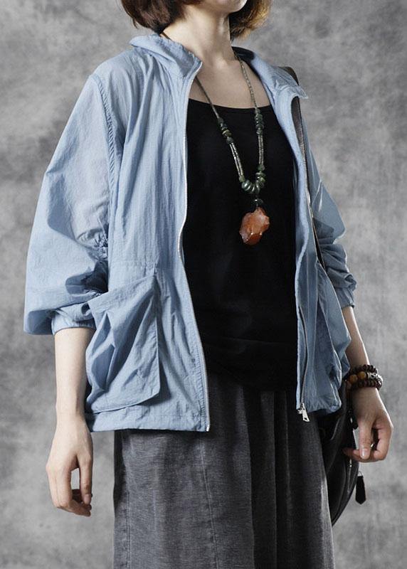 Diy Blue Stand Collar Zippered Fall Long Sleeve Top