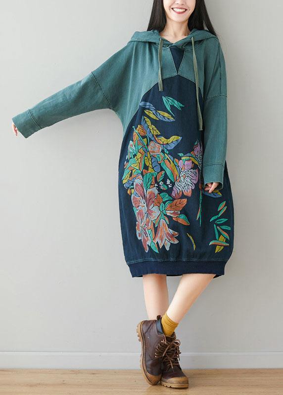 Blue Hooded Pockets Drawstring Print Fall Sweatshirts Dress