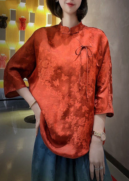 Original Red Stand Collar Chinese Button Bow Silk Top Three Quarter Sleeve