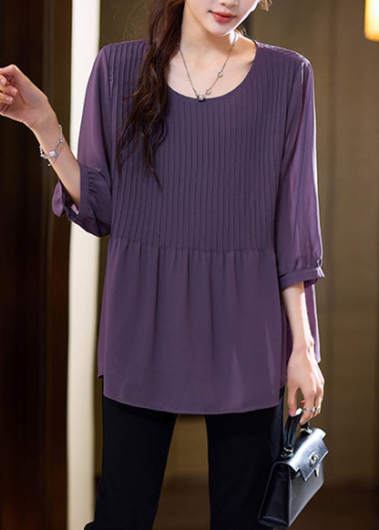 Purple Patchwork Wrinkled Chiffon Shirt Bracelet Sleeve