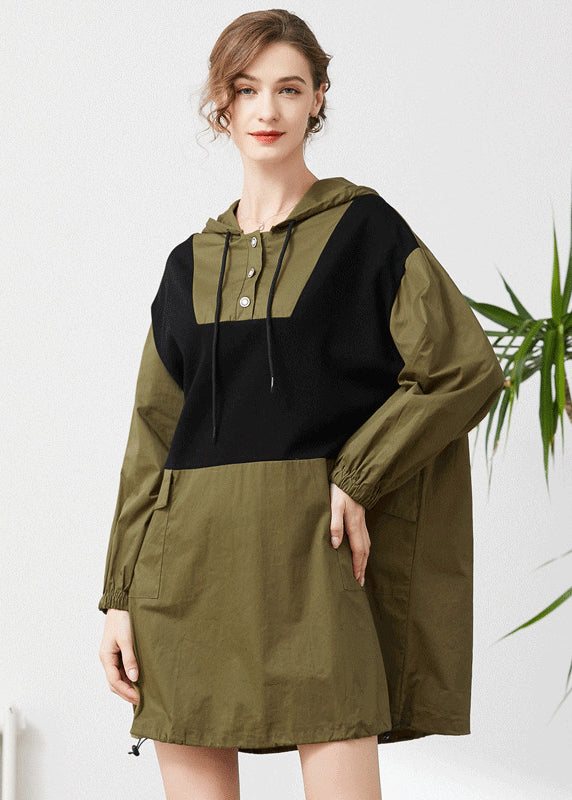 Army Green Hooded Oversized Patchwork Cotton Sweatshirt Spring