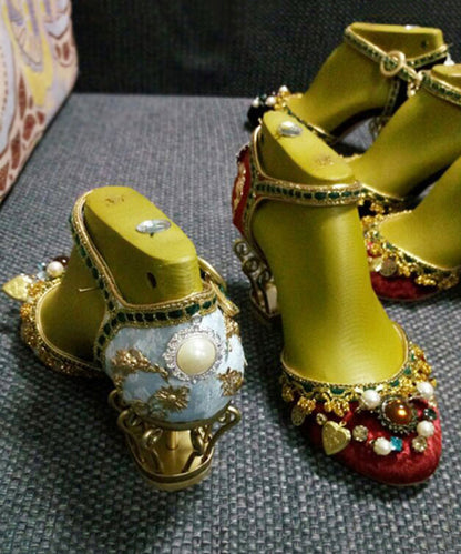Palace Feng Zircon Flower Black Buckle Strap High Heels