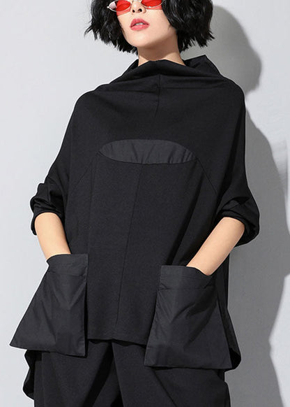 Black Turtleneck Patchwork Pockets Fall Top Long Sleeve