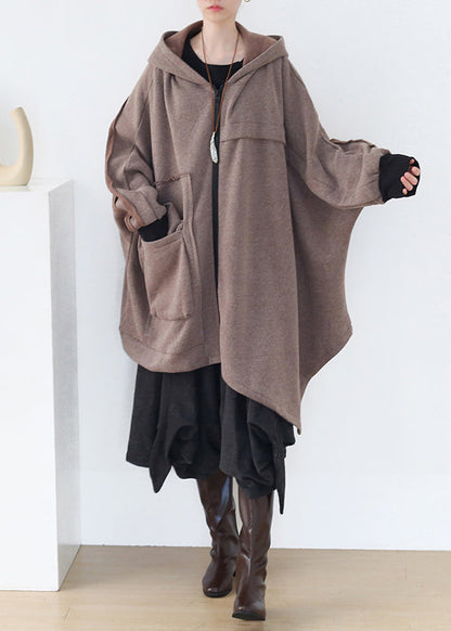 Khaki Asymmetrical Patchwork Zippered Thick Cotton Hoded Coats Fall