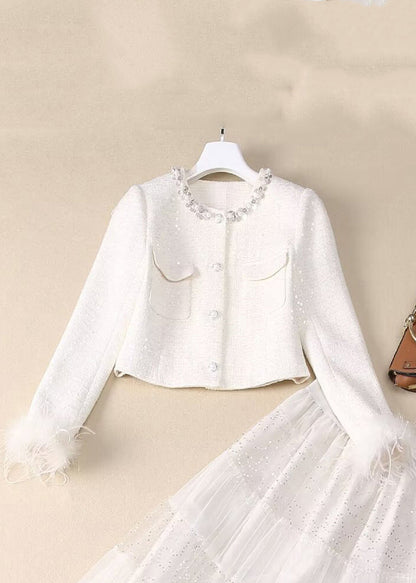 White Sequins Nail Bead Coats and Tulle Maxi Skirt Two Pieces Set Spring