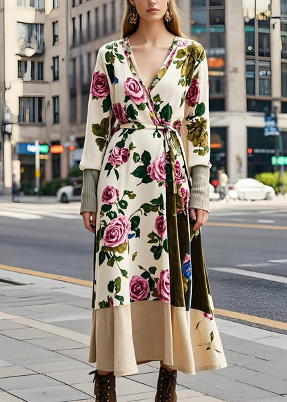 Apricot Tie Waist Silk Velour Long Dresses Spring