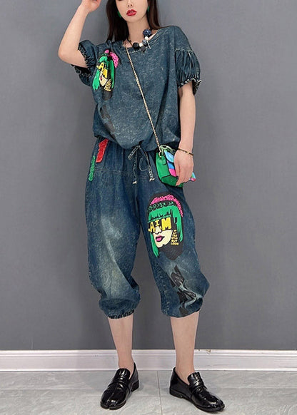 Handmade Blue O-neck Wrinkled Appliques Denim Tops and Pants Two Piece Set Clothing Short Sleeve