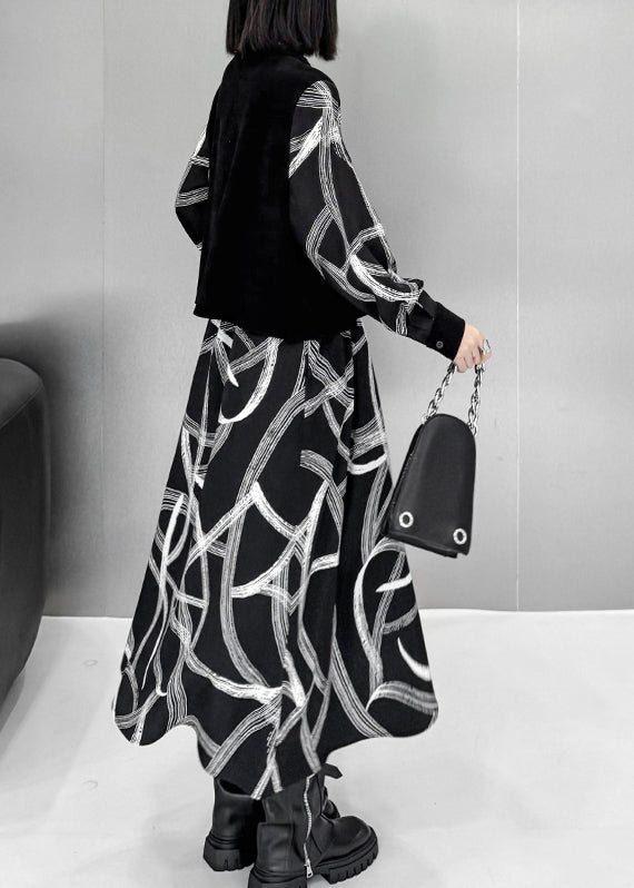 Black False Two Pieces Patchwork Cotton Dresses Fall