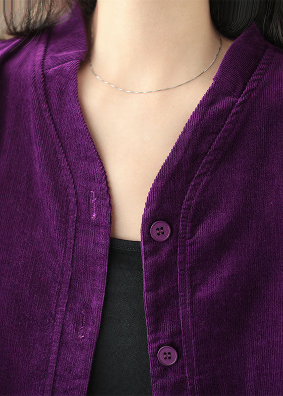 Purple V Neck Color Button Corduroy Shirt Tops Long Sleeve