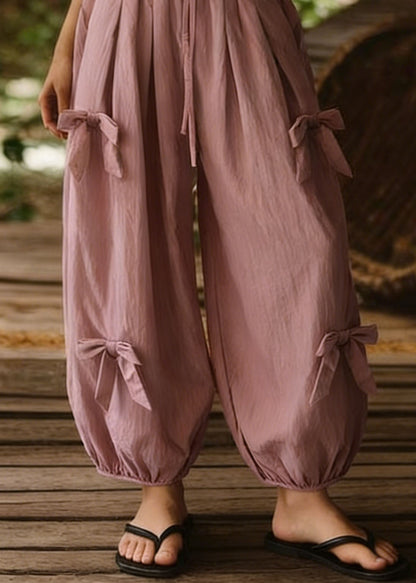Loose Pink Bow Elastic Waist Cotton Lantern Pants Summer