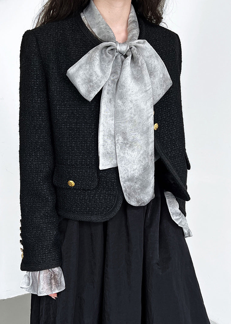 Black O-neck Button Woolen Coat Long Sleeve