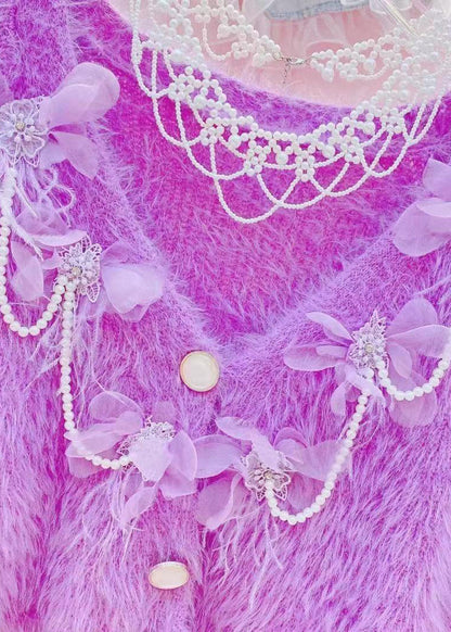 Purple V Neck Nail Bead Ma Hai Mao Sweaters Long Sleeve
