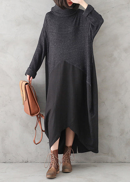 Dark Gray Turtleneck Button Linen Patchwork Knit Long Dress Fall