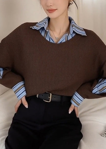 Style Brown Peter Pan Collar Patchwork Knit Fake Two Piece Shirts Spring