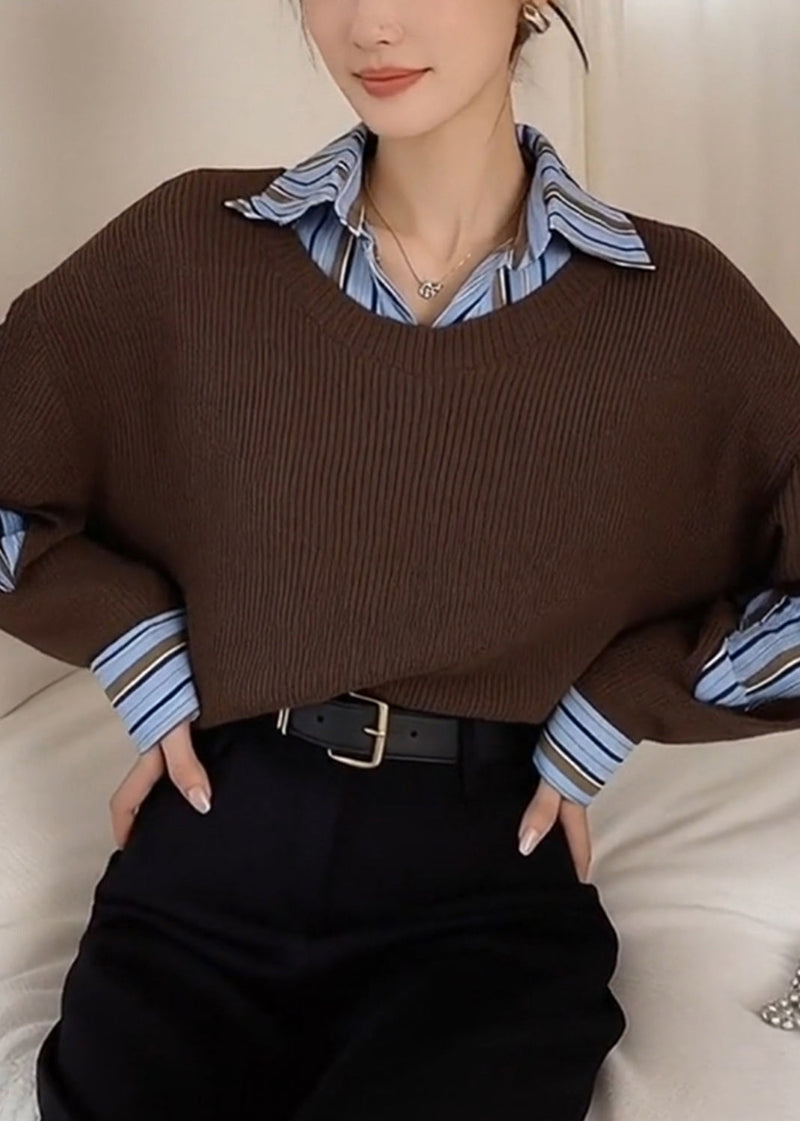 Style Brown Peter Pan Collar Patchwork Knit Fake Two Piece Shirts Spring