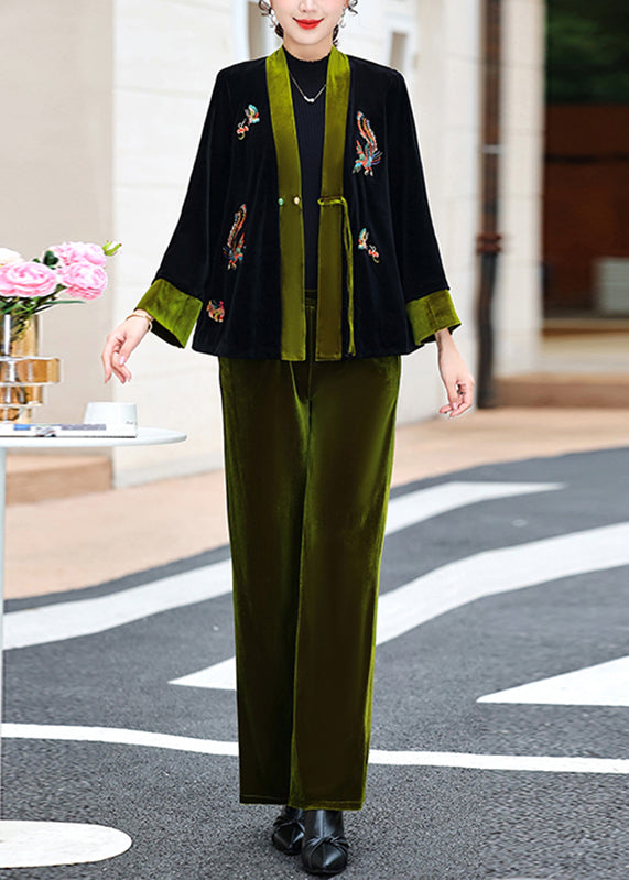 Green V Neck Embroideried Silk Velour Coats and Pants Two Piece Set Fall