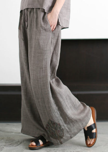 Grey Embroideried Hollow Out Tulle Patchwork Linen Two Piece Suit Set Sleeveless