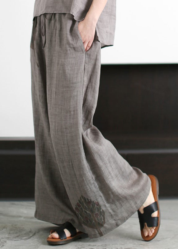 Grey Embroideried Hollow Out Tulle Patchwork Linen Two Piece Suit Set Sleeveless