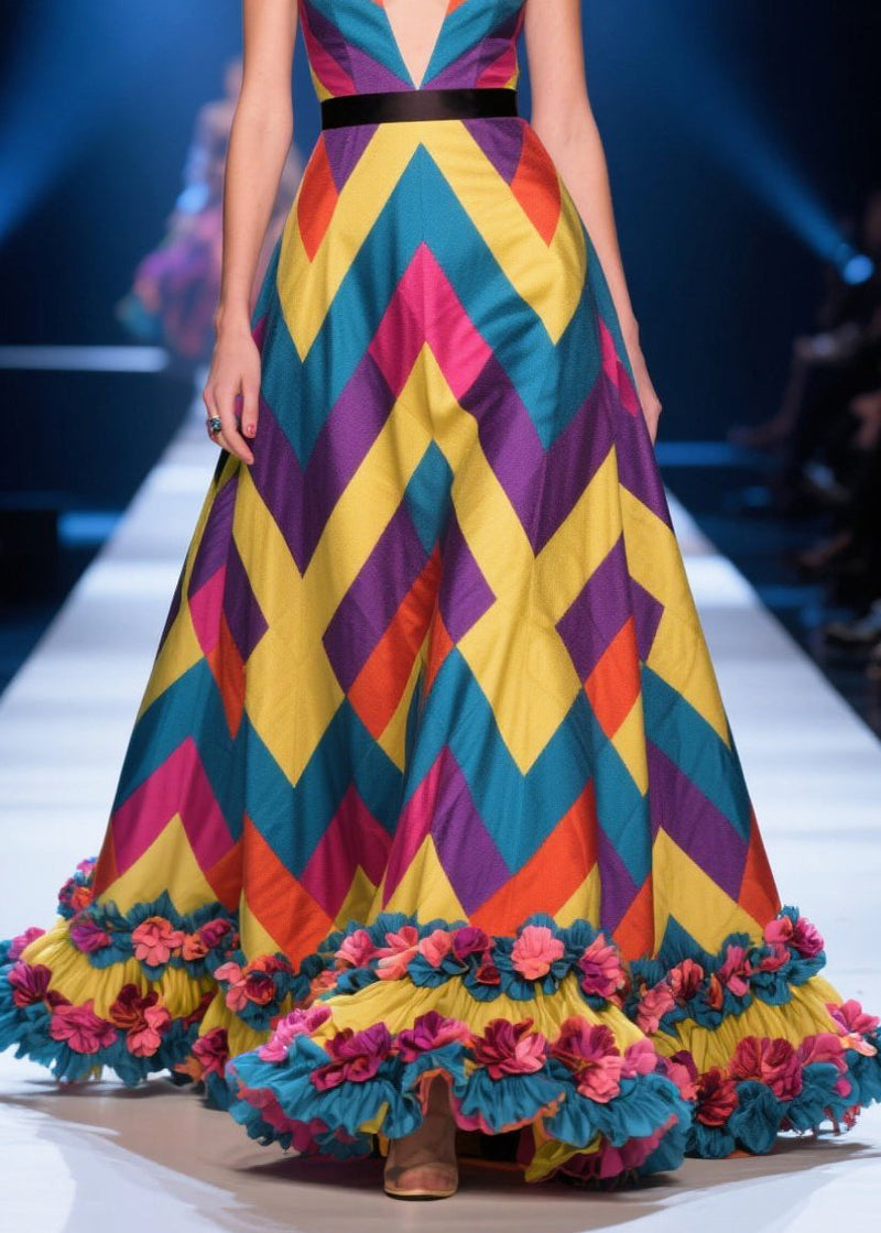Colorblock Print Flower Decorated Silk Maxi Dress Summer