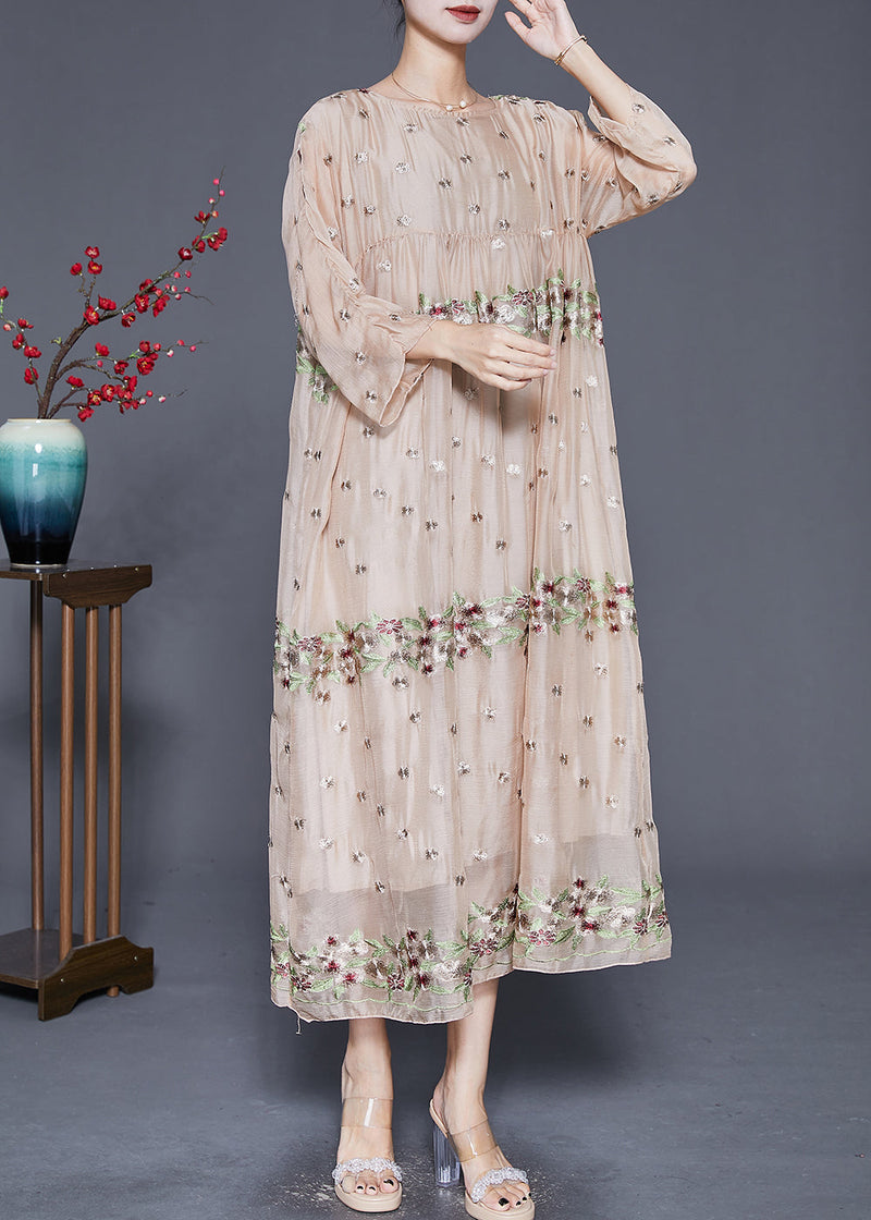 Apricot Embroideried Oversized Silk Maxi Dresses Fall