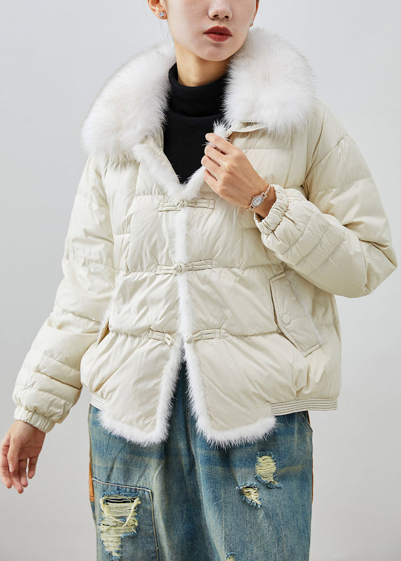 White Thick Duck Down Down Coat Oversized Fox Collar Chinese Button Winter
