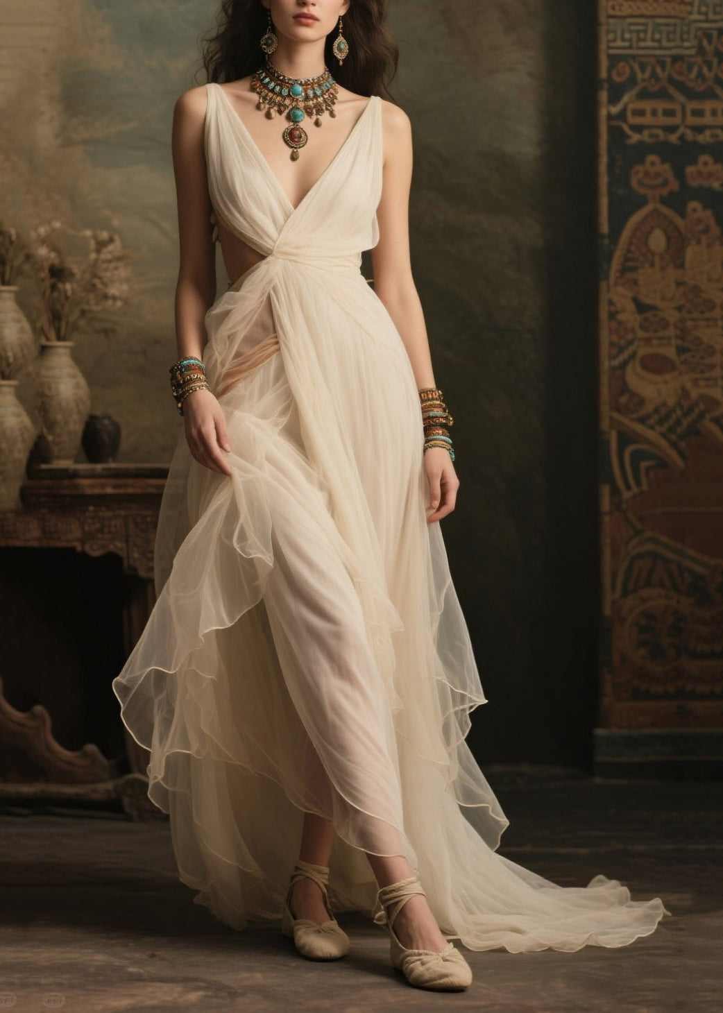 White V Neck Exra Large Hem Tulle Robe Dresses Summer