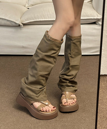 Khaki Platform Denim Hollow Out Thong Sandals Boots