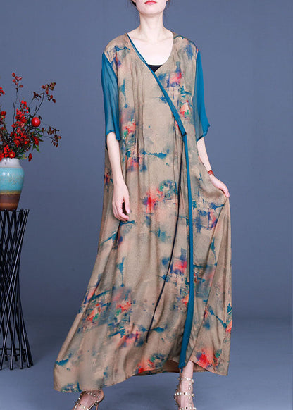 Apricot V Neck Print Asymmetrical Design Fall Holiday Dress Long Sleeve