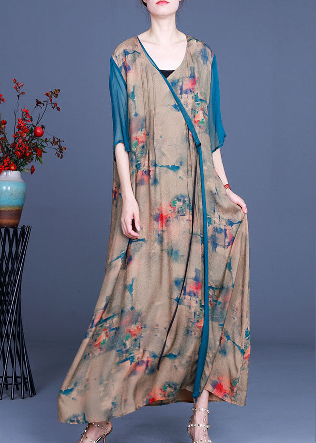 Apricot V Neck Print Asymmetrical Design Fall Holiday Dress Long Sleeve