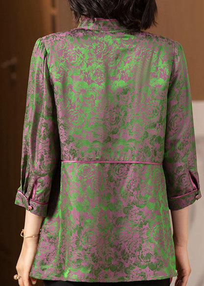 Green Stand Collar Print Patchwork Silk Tops Three Quarter Sleeve