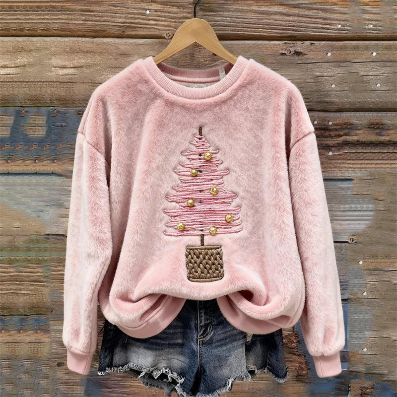 Comstylish Pink Christmas Tree Embroidered Cozy Plush Sweatshirt