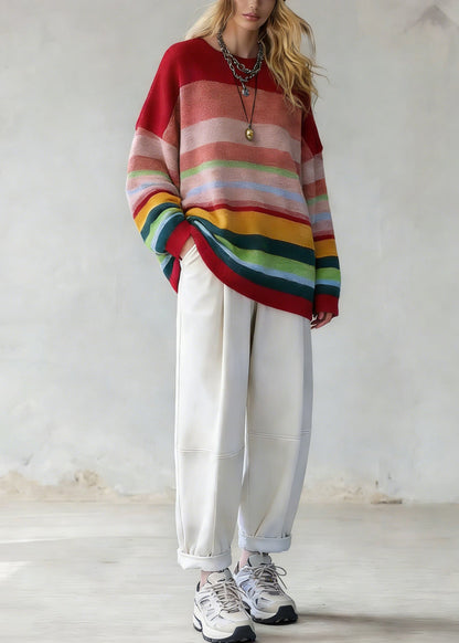 Rainbow Striped O-neck Knit Sweaters and White Pants Two Pieces Set Spring