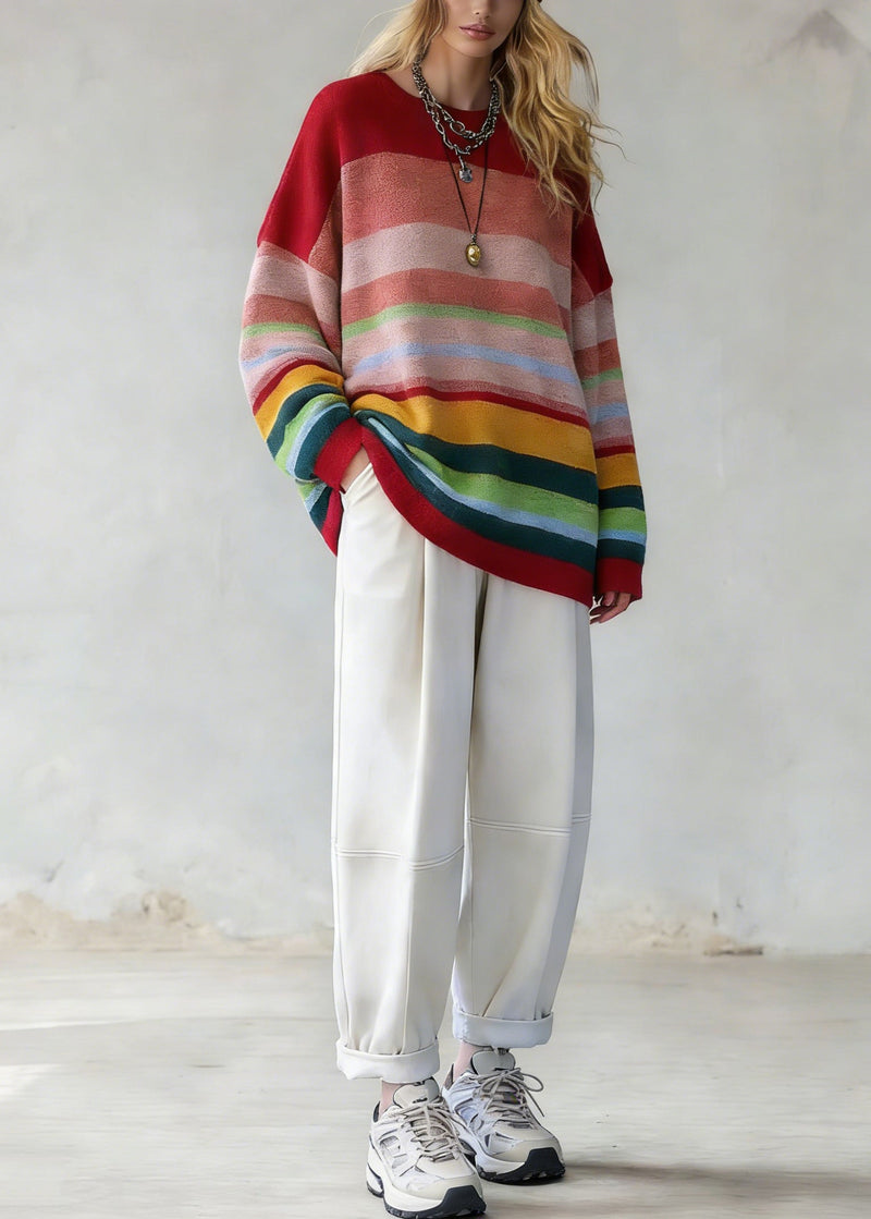Rainbow Striped O-neck Knit Sweaters and White Pants Two Pieces Set Spring