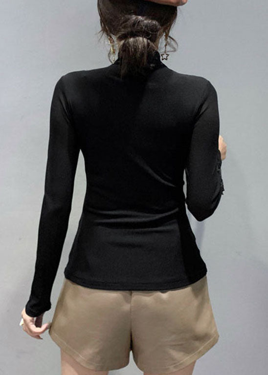 Black Stand Collar Tulle Patchwork Tops Spring