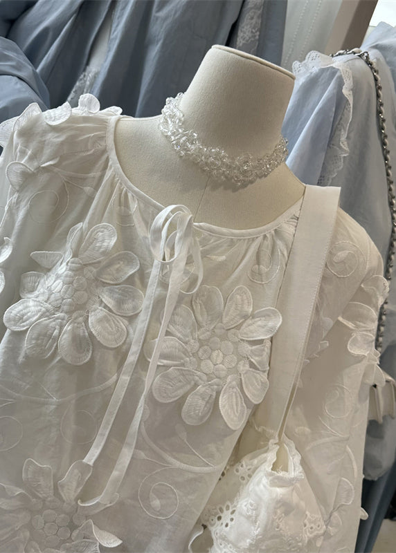 White Lace Up Cotton Blouses Top O Neck Fall