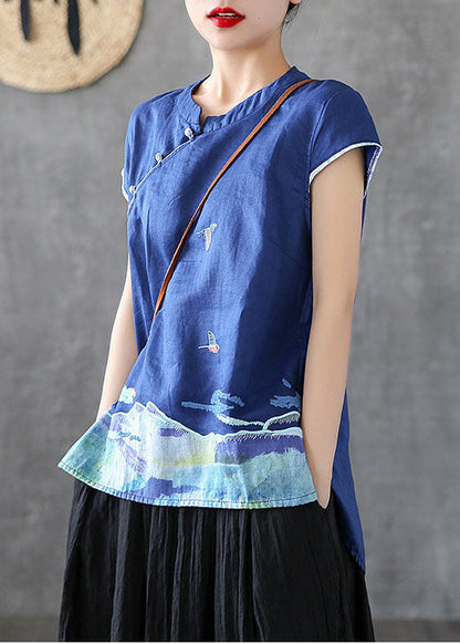 Unique Blue Mandarin Collar Embroideried Cotton Tank Tops Short Sleeve