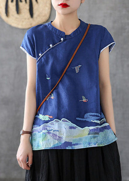 Unique Blue Mandarin Collar Embroideried Cotton Tank Tops Short Sleeve