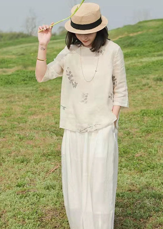 Handmade White O-neck Print Linen Tops Three Quarter Sleeve