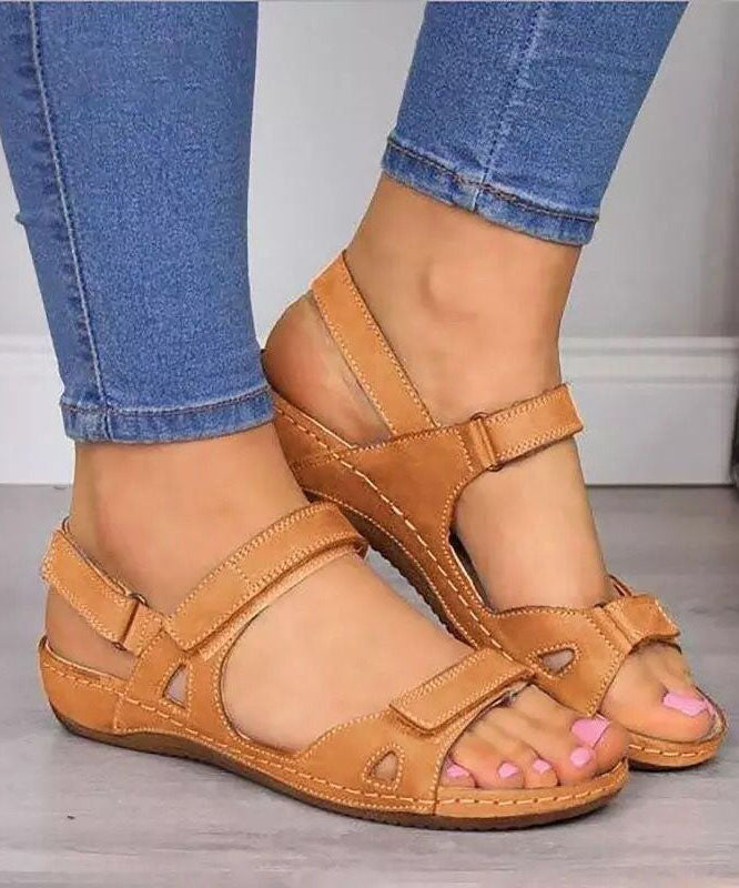 Splicing Peep Toe Wedge Sandals Brown Faux Leather