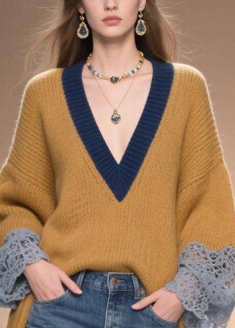 Brown Low High Design Patchwork Lace Sweater Winter