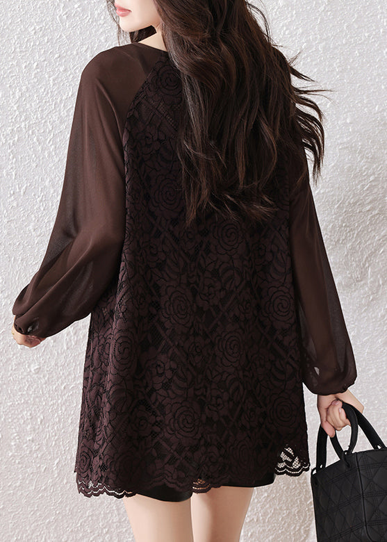 Chocolate Oversized Star Decorated Lace Shirt Tops Fall