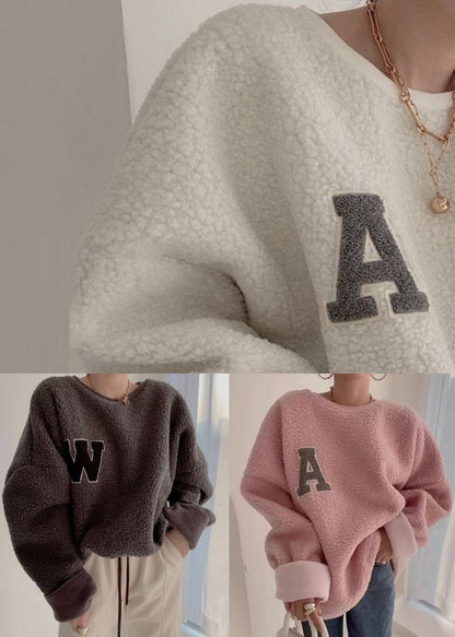 Loose Pink O Neck Letter Teddy Pullover Winter