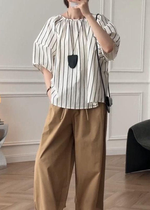 French Puff Sleeve Striped O-neck Cotton Shirt Top