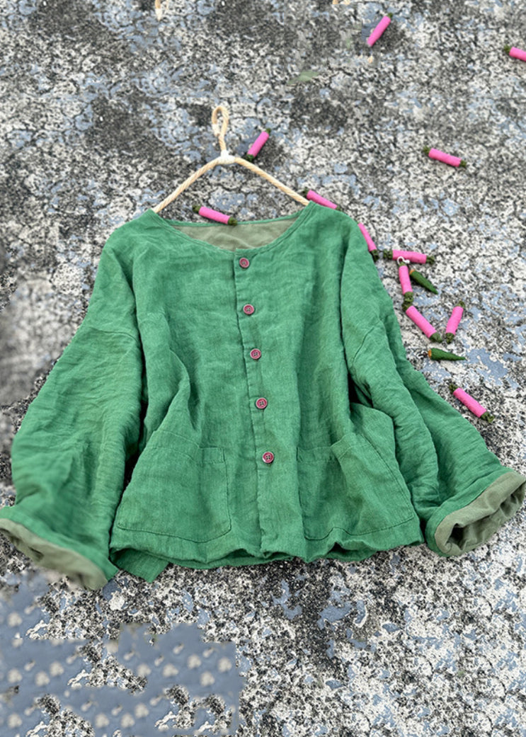 Green O Neck Pockets Button Linen Loose Coat Fall