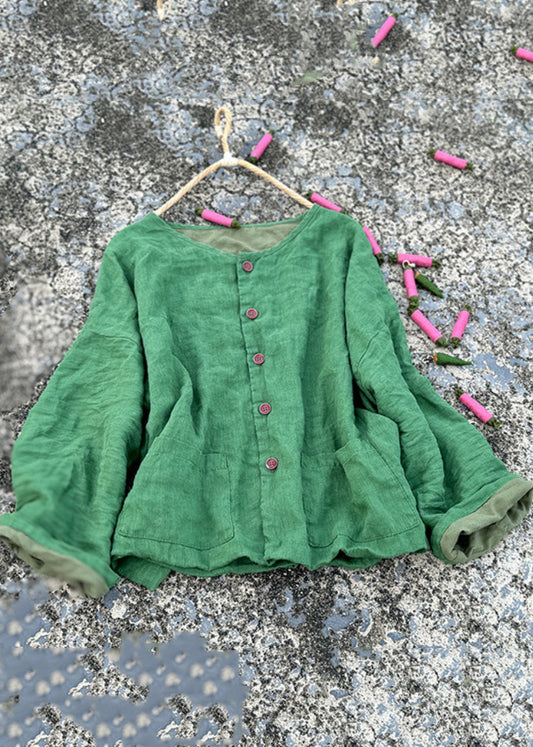 Green O Neck Pockets Button Linen Loose Coat Fall