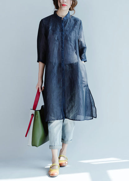 Navy Embroideried Button Blouses Three Quarter Sleeve