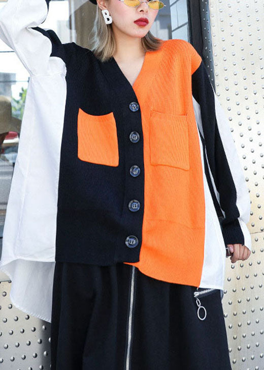Stylish Black Patchwork Orange Pockets Asymmetrical Design Fall Knit Top