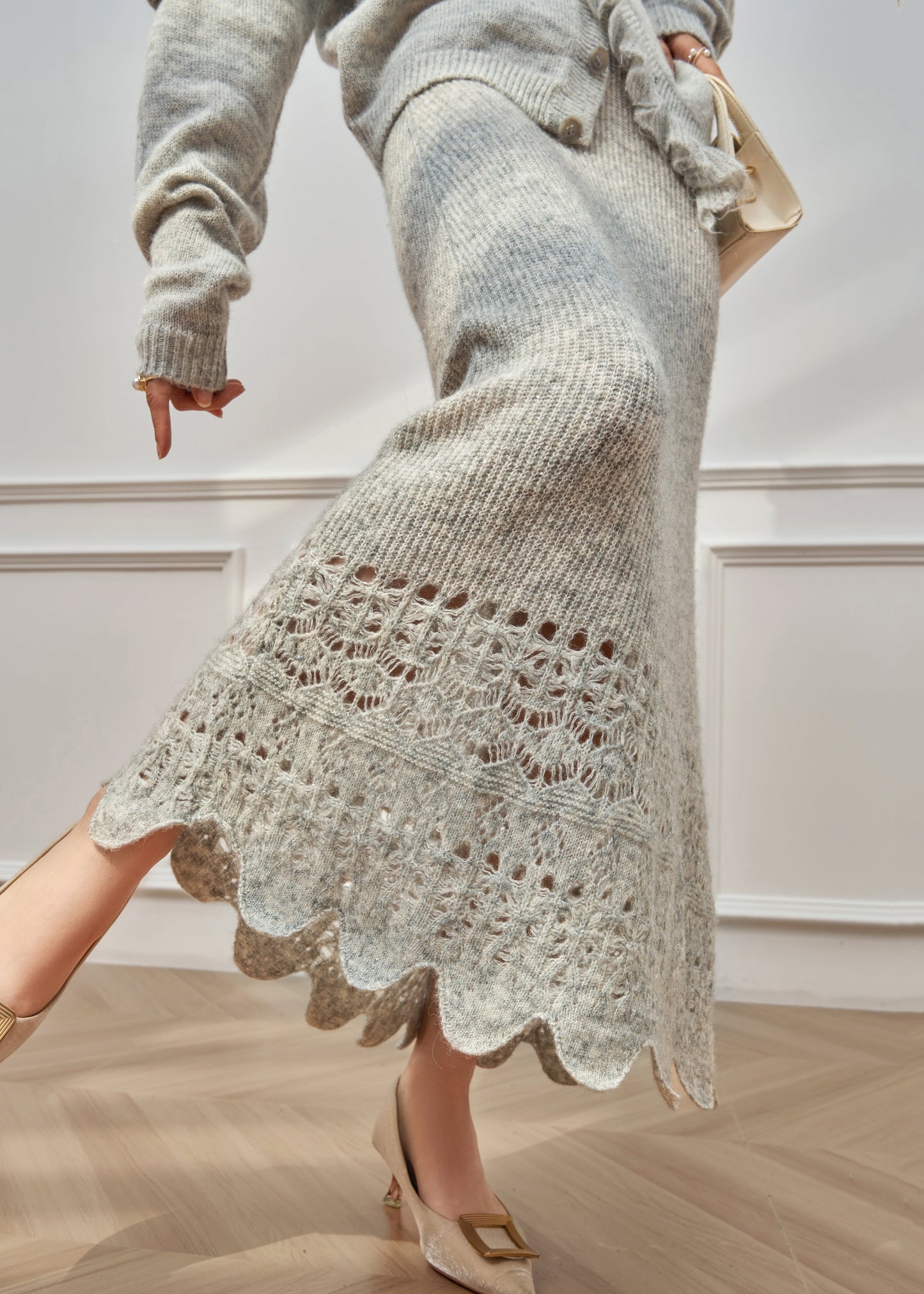 Grey Ruffled Hollow Out Knit Two Piece Set Winter