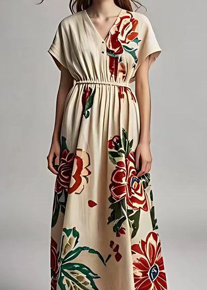 Light Khaki V Neck Print Cotton Long Dresses Summer